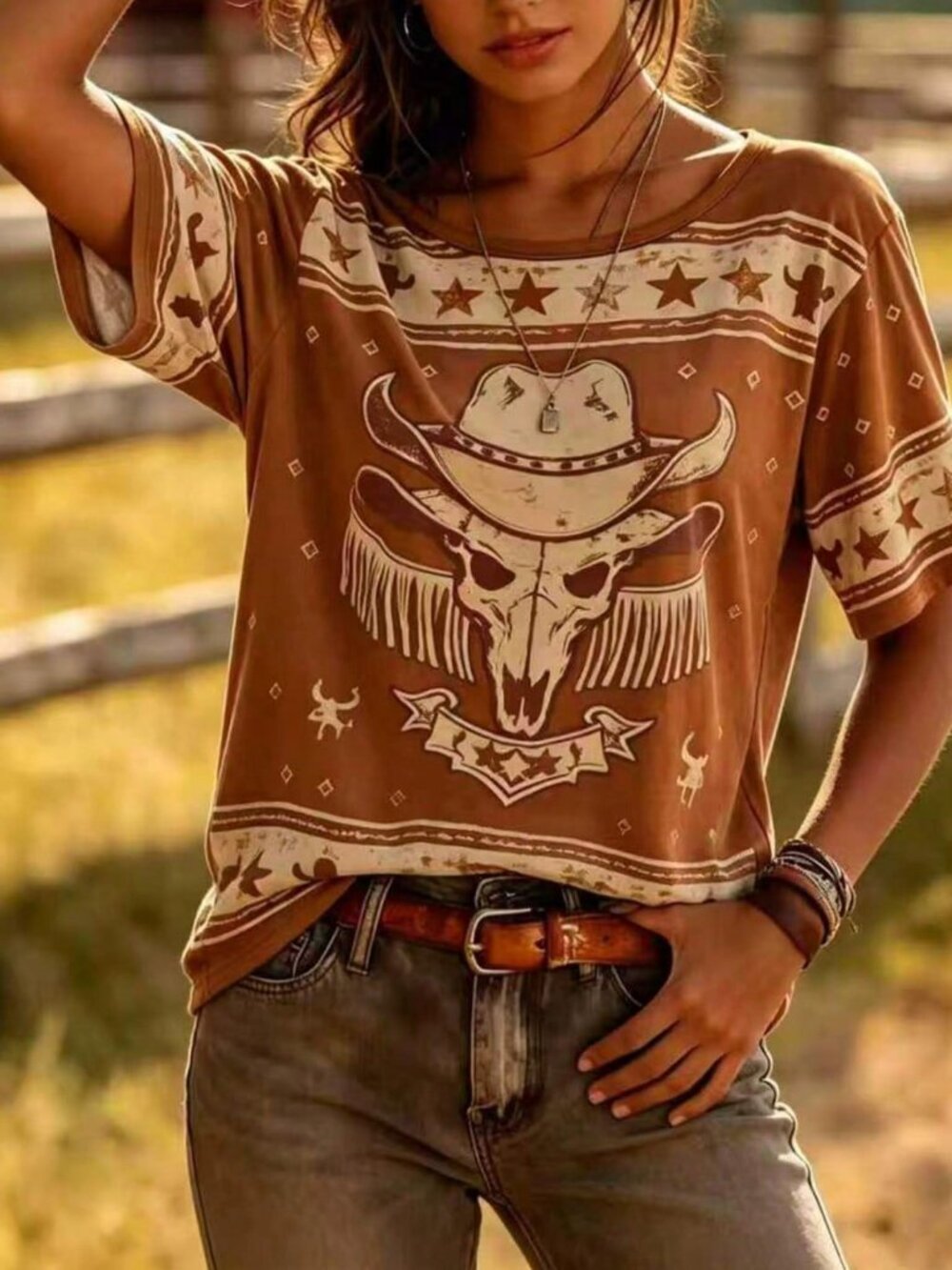 Brown Casual Women's Bull Head Print Round-Neck Short-Sleeve Base Layer T-Shirt